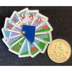 Vintage Odyssey of the Mind OM‎ Nevada Cards Enamel Lapel Hat Pin Casino Spins
